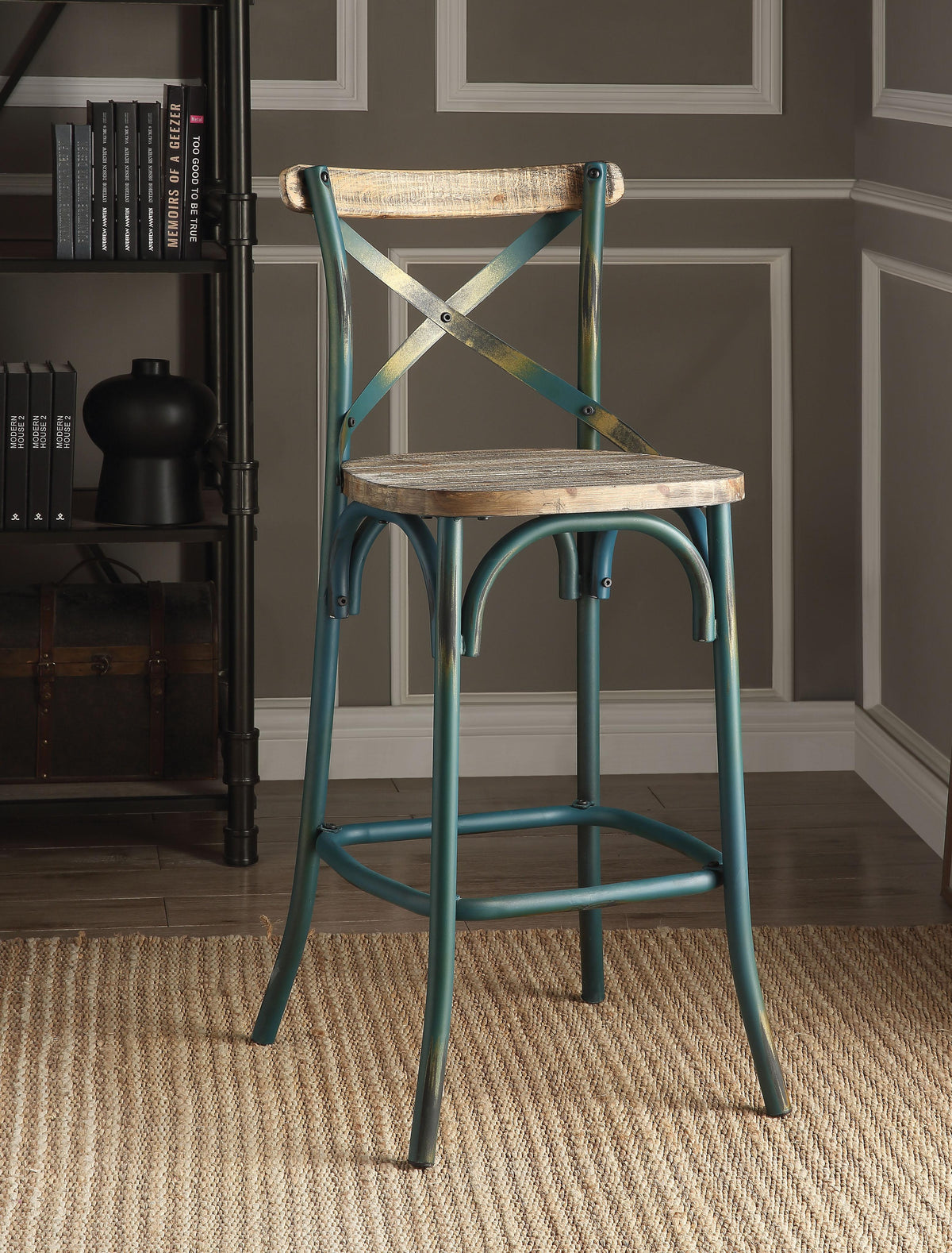 Zaire Antique Turquoise & Antique Oak Bar Chair (1Pc)  Half Price Furniture