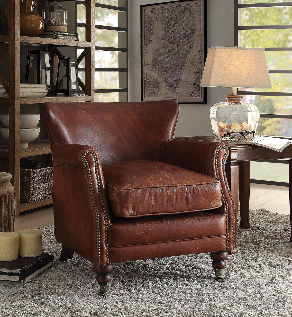 Leeds Vintage Dark Brown Top Grain Leather Accent Chair Half Price Furniture