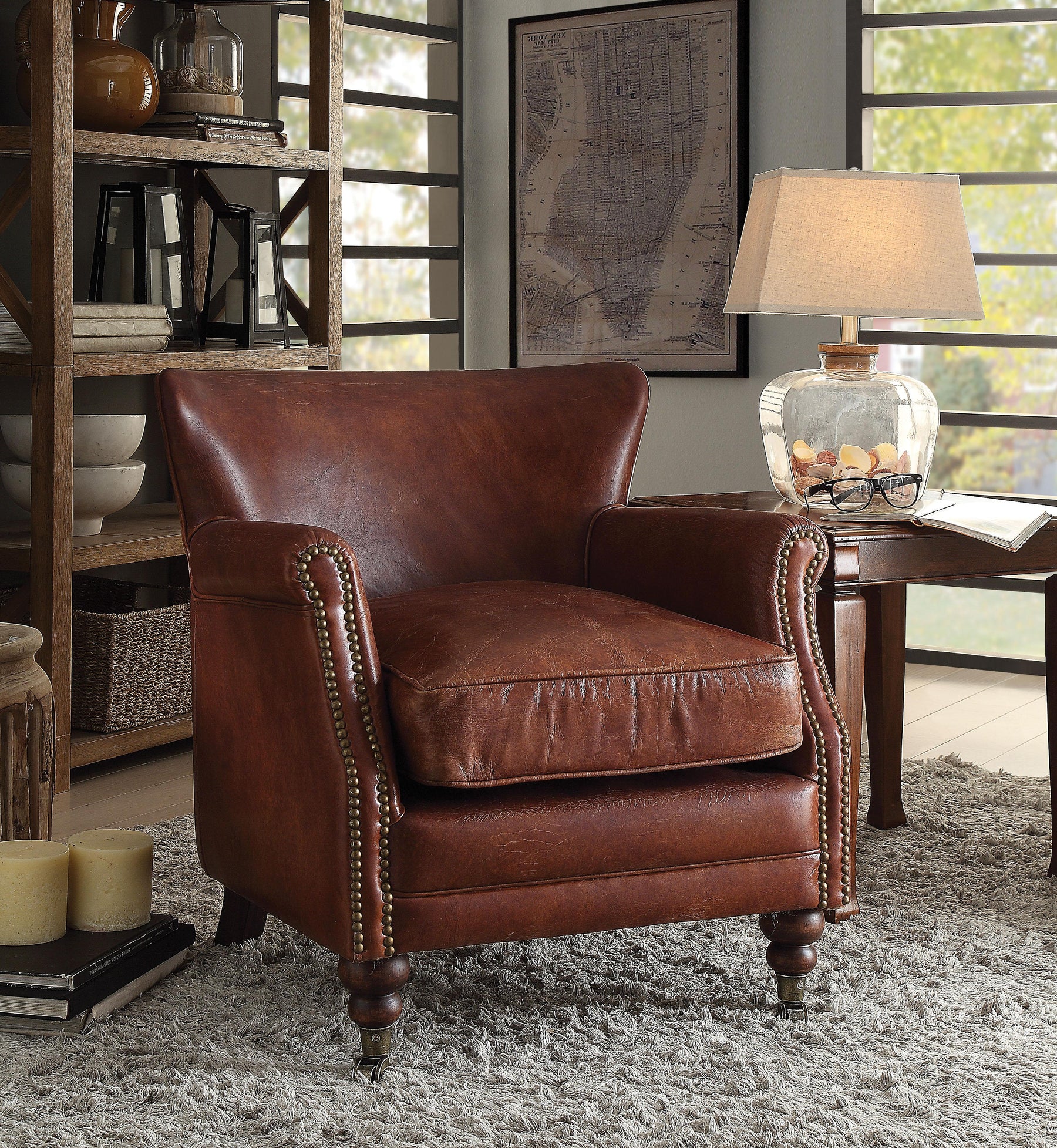 Leeds Vintage Dark Brown Top Grain Leather Accent Chair  Half Price Furniture