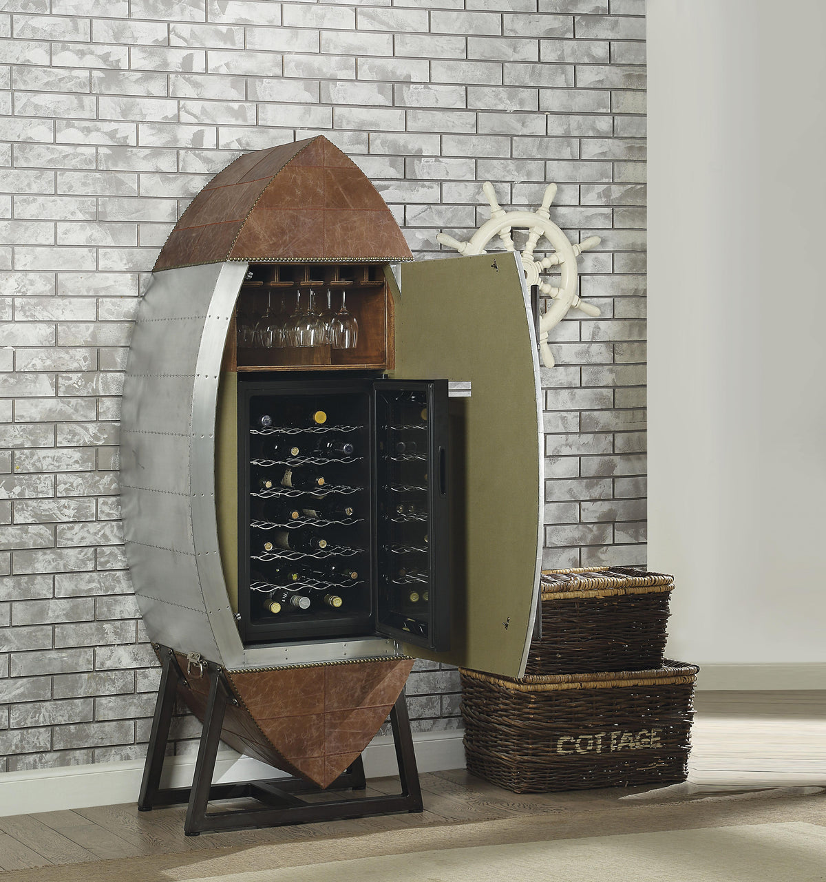Brancaster Retro Brown Top Grain Leather & Aluminum Wine Cabinet & Cooler  Half Price Furniture