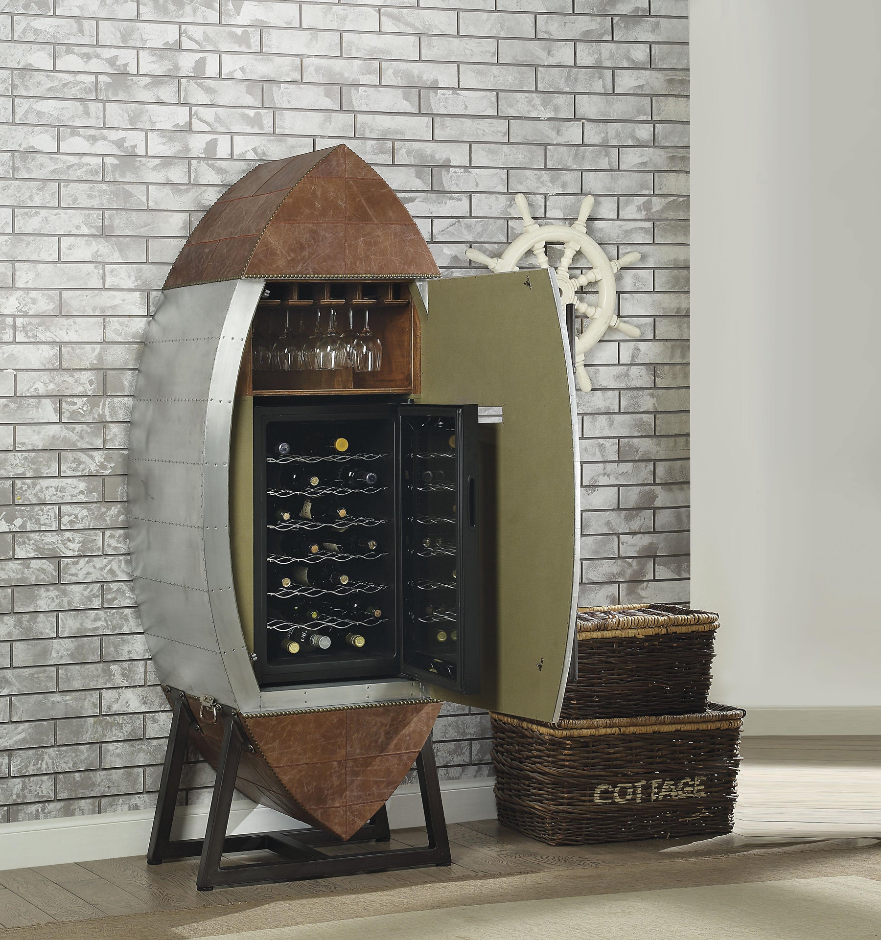 Brancaster Retro Brown Top Grain Leather & Aluminum Wine Cabinet & Cooler Half Price Furniture