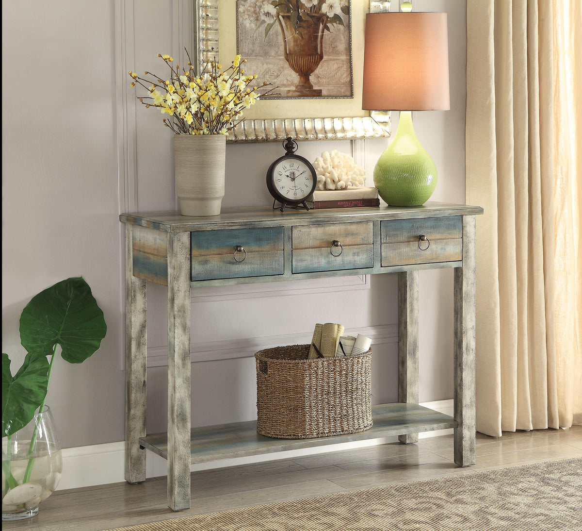 Glancio Antique White & Teal Console Table  Half Price Furniture