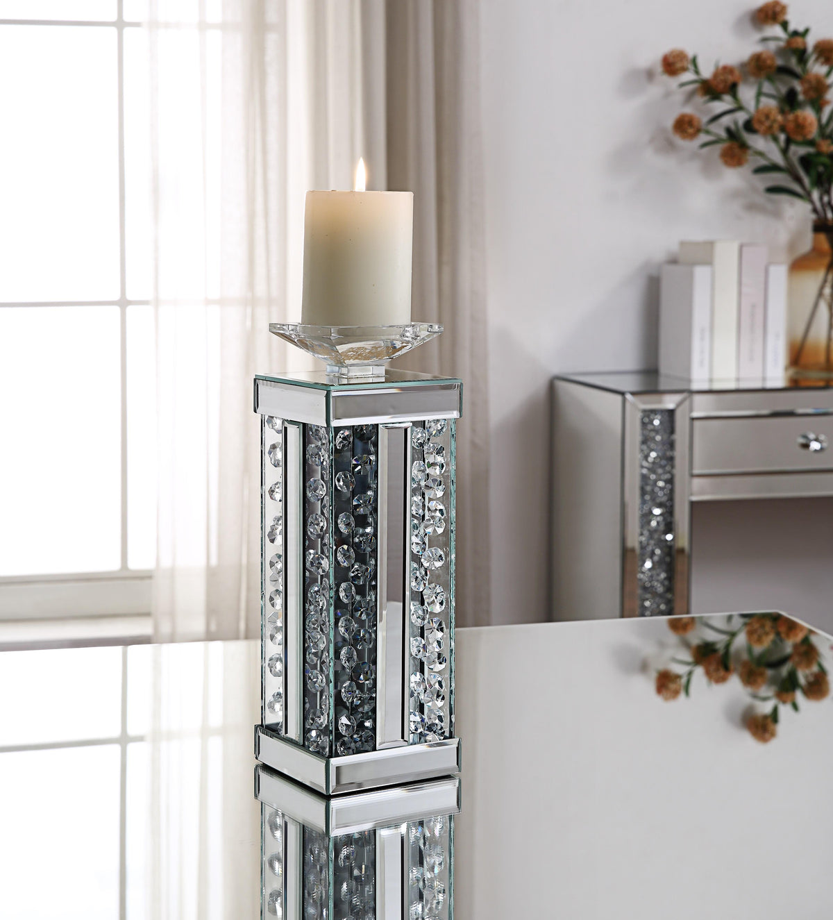 Nysa Mirrored & Faux Crystals Accent Candleholder  Half Price Furniture