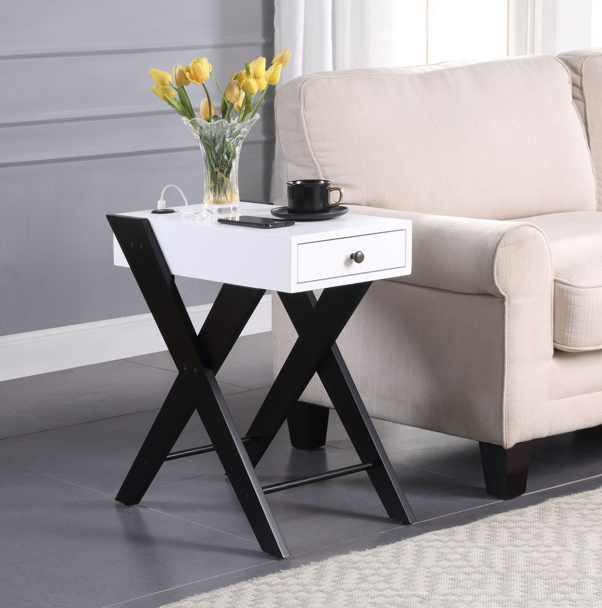 Fierce White & Black Side Table (USB Charging Dock)  Half Price Furniture