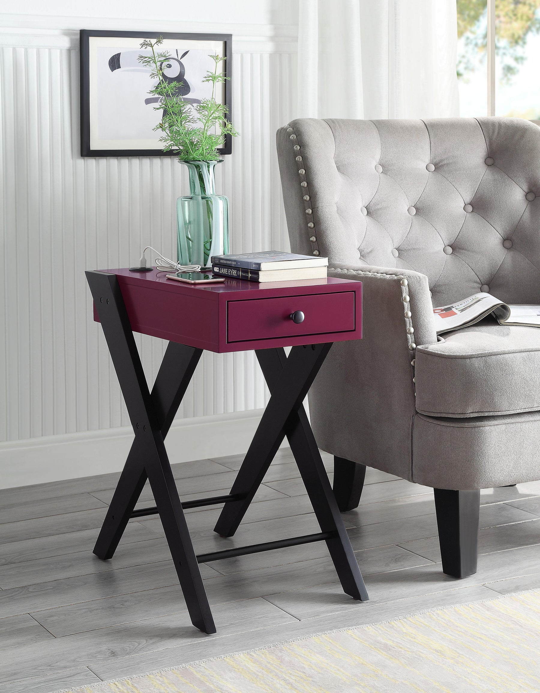 Fierce Burgundy & Black Side Table (USB Charging Dock)  Half Price Furniture