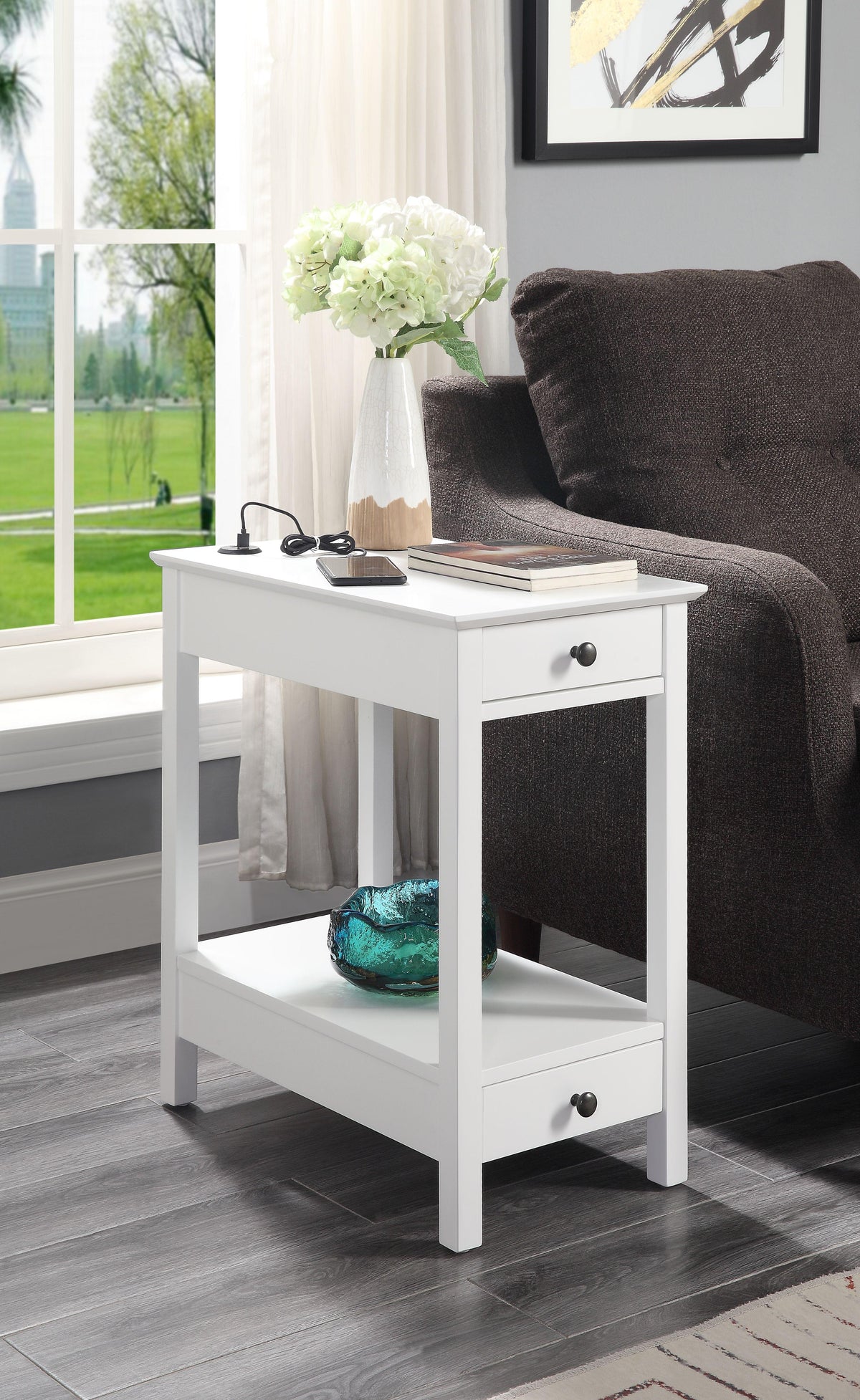 Byzad White Side Table (USB Charging Dock)  Half Price Furniture