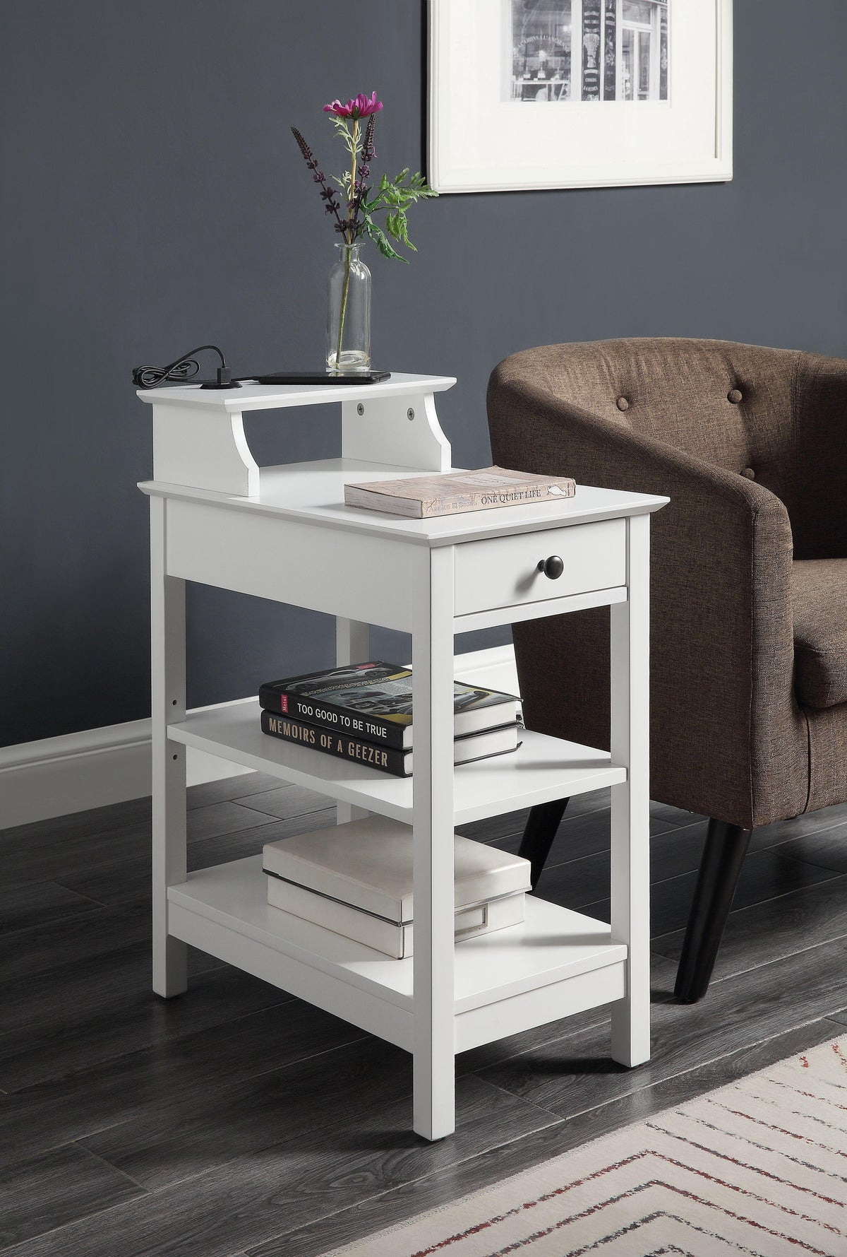 Slayer White Side Table (USB Charging Dock)  Half Price Furniture