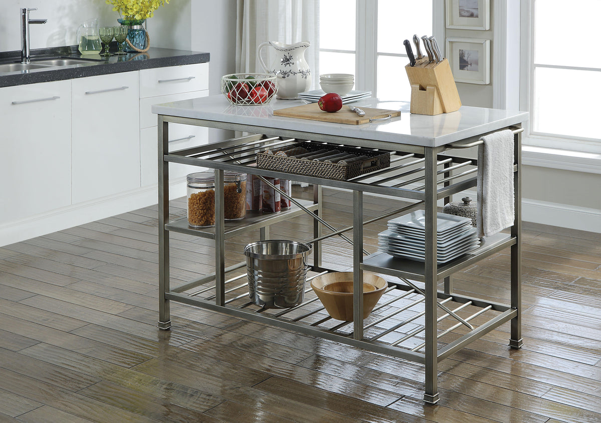 Lanzo Marble & Antique Pewter Kitchen Island (Counter)  Half Price Furniture