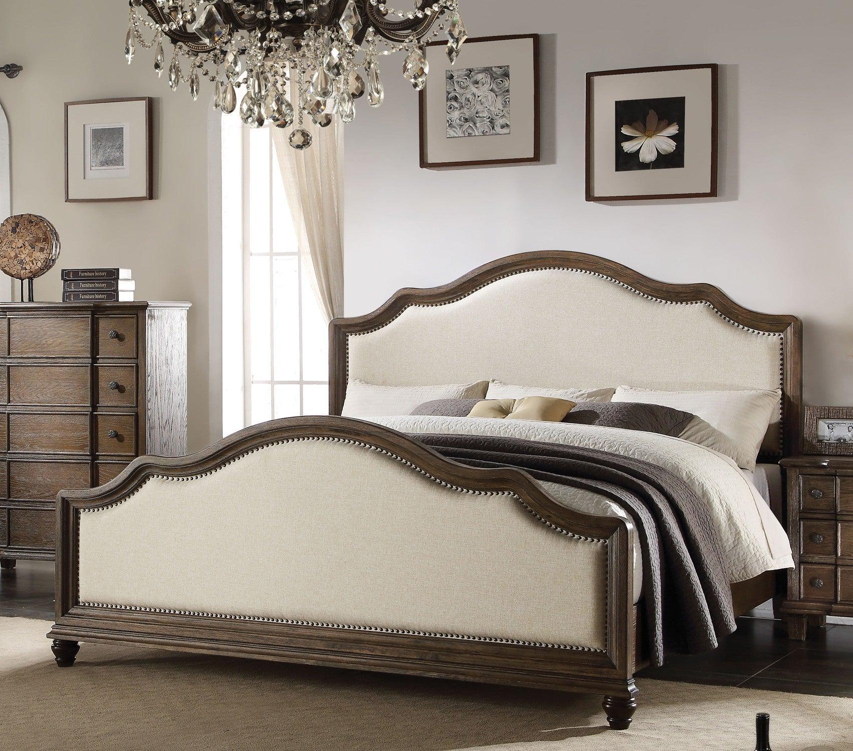 Acme Baudouin Upholstered Queen Bed in Weathered Oak 26110Q Half Price Furniture