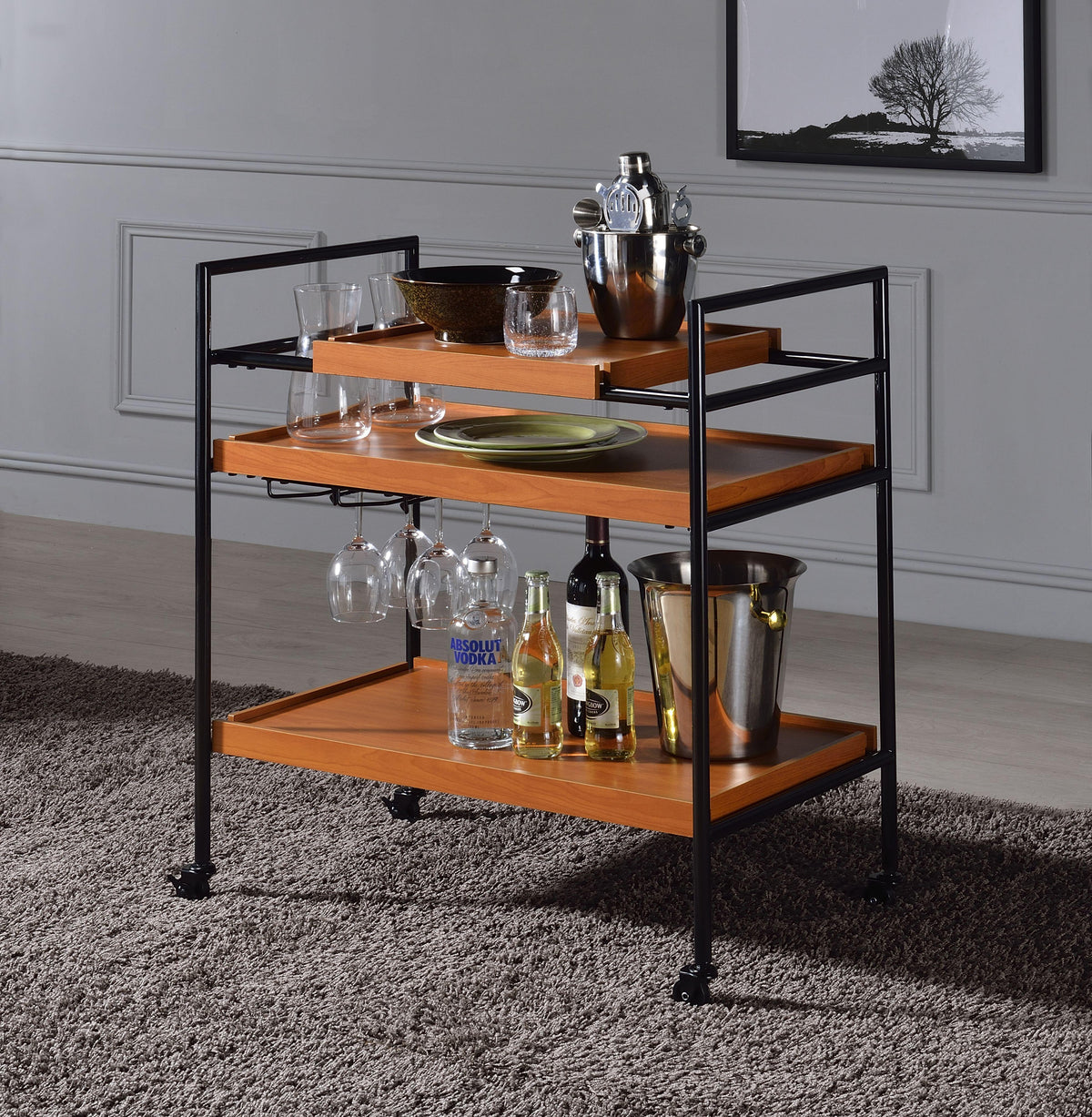 Oaken Honey Oak & Black Serving Cart  Half Price Furniture