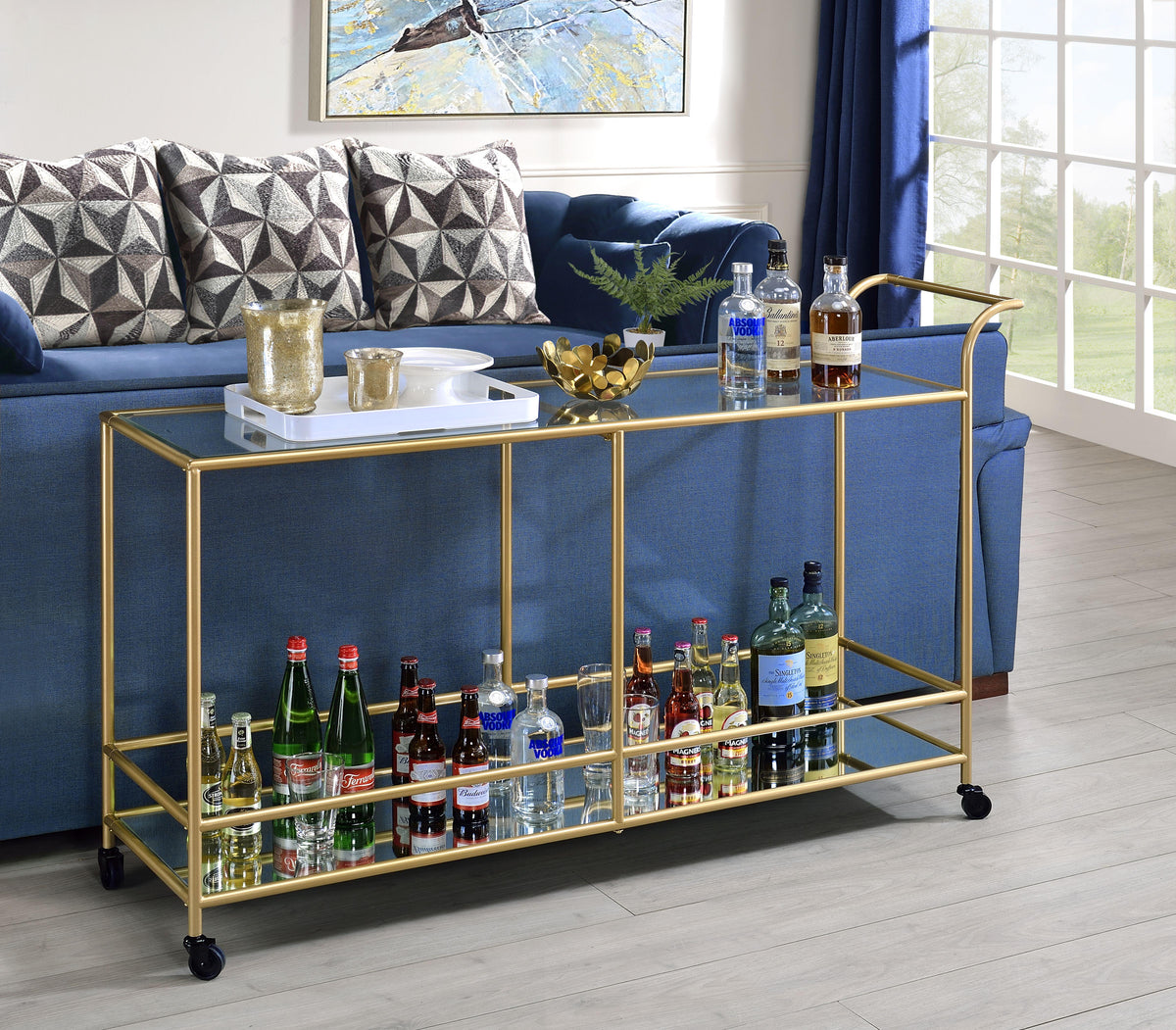 Kenda Clear Glass, Mirrored & Gold Serving Cart Half Price Furniture