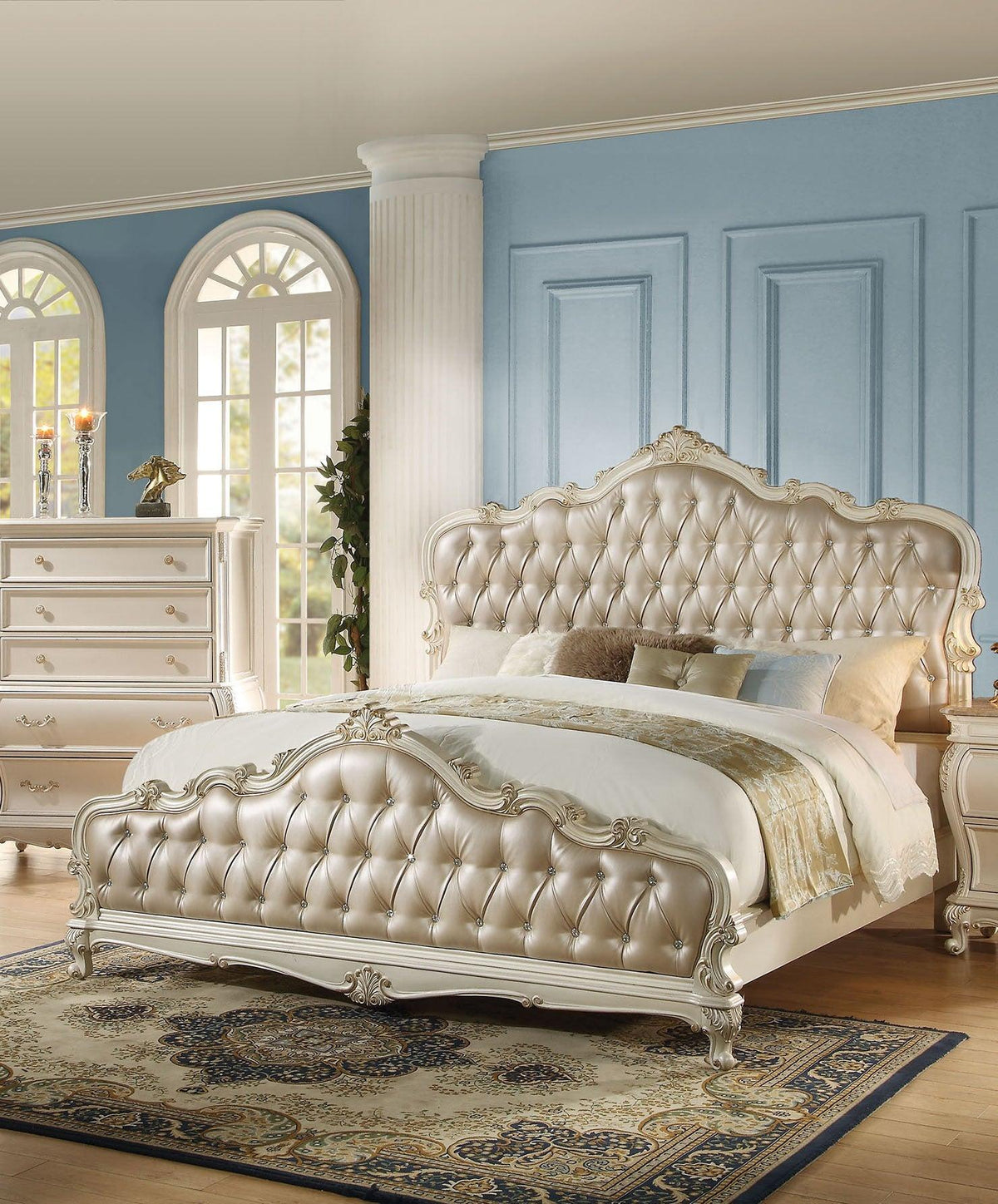 Acme Chantelle California King Bed with Button Tufted Panels in Pearl White 23534CK  Half Price Furniture