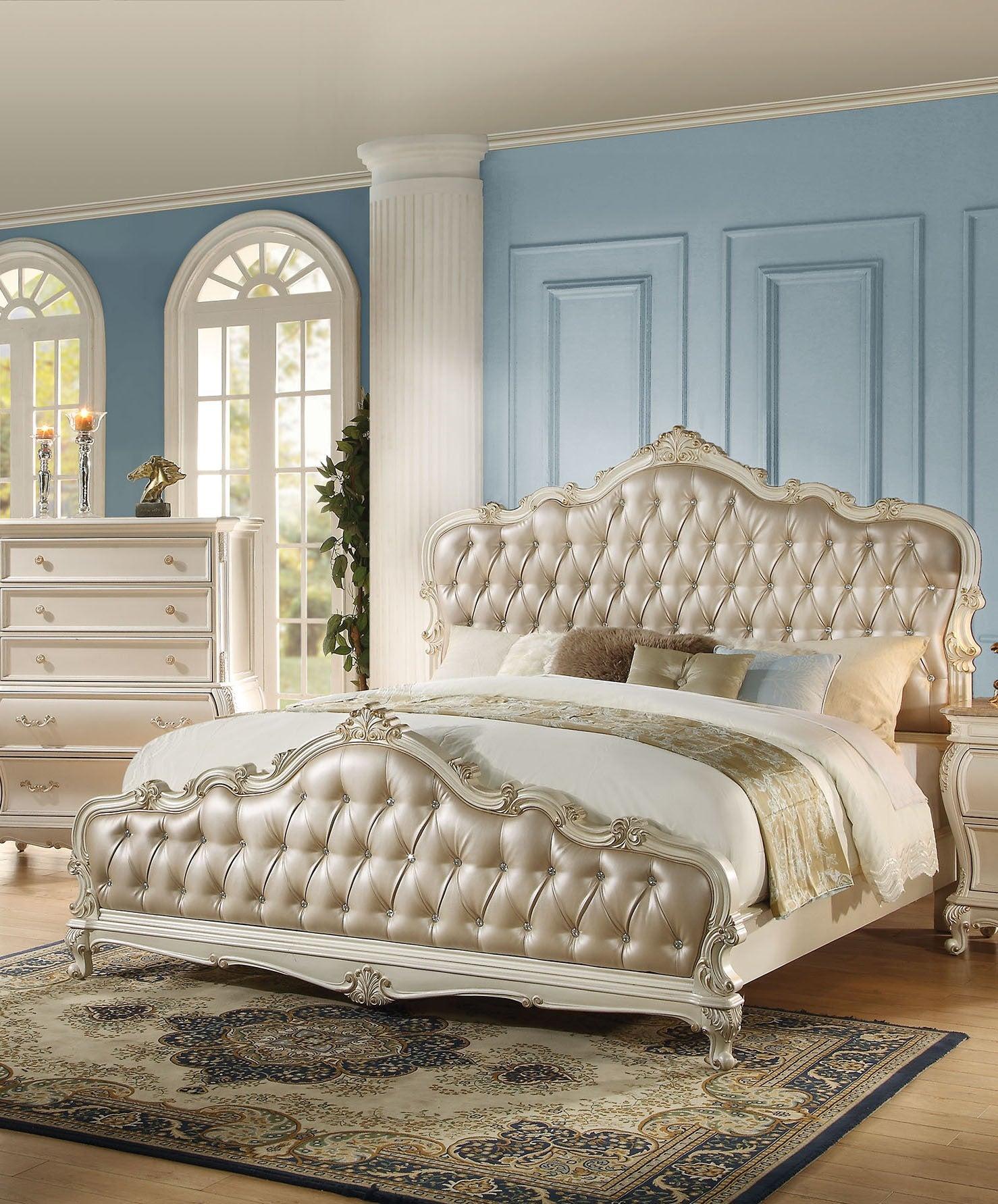 Acme Chantelle California King Bed with Button Tufted Panels in Pearl White 23534CK Half Price Furniture