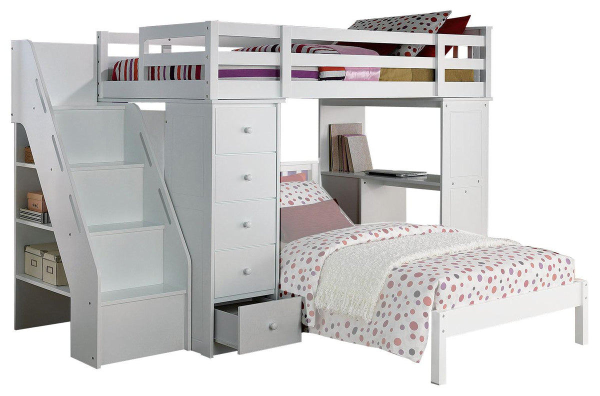 Acme Freya Loft Bed with Bookcase Ladder in White 37145  Half Price Furniture