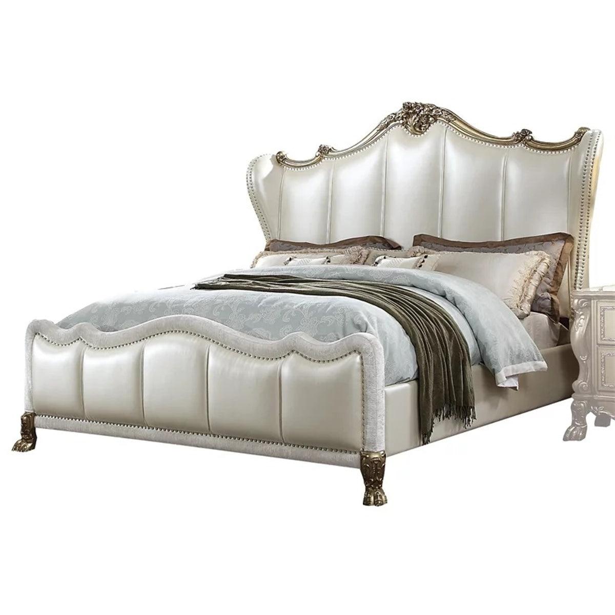 Acme Furniture Dresden II California King Bed in Pearl White PU & Gold Patina 27814CK  Half Price Furniture