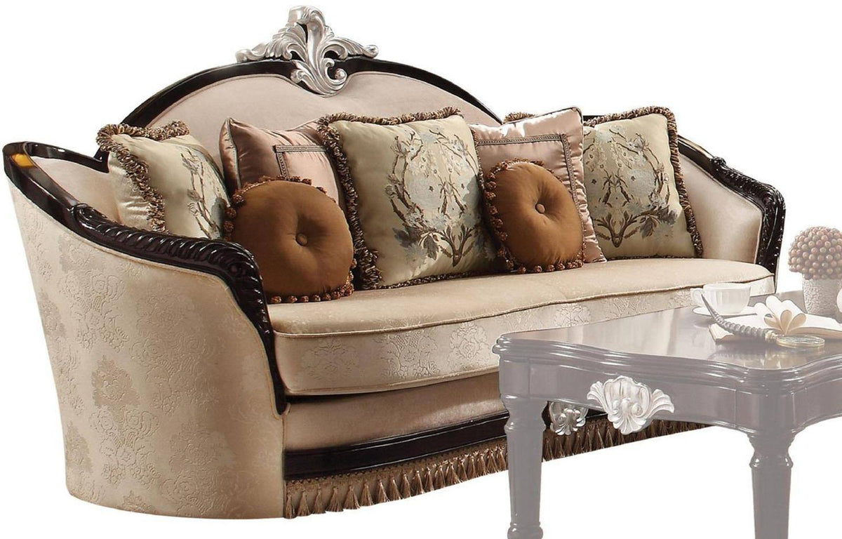 Acme Furniture Ernestine Loveseat with 6 Pillows in Tan and Black 52111  Half Price Furniture