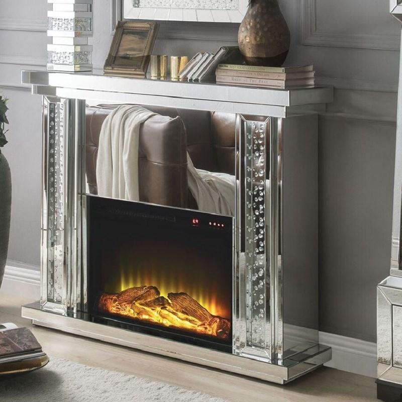 Acme Furniture Nysa Fireplace in Mirrored & Faux Crystals 90254  Half Price Furniture