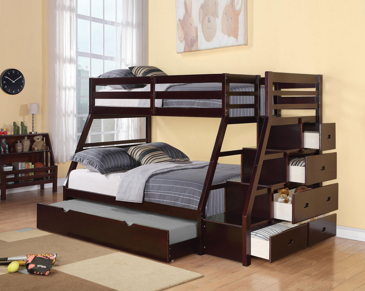 Acme Jason Twin over Full Bunk Bed with Storage Ladder and Trundle in Espresso 37015  Half Price Furniture