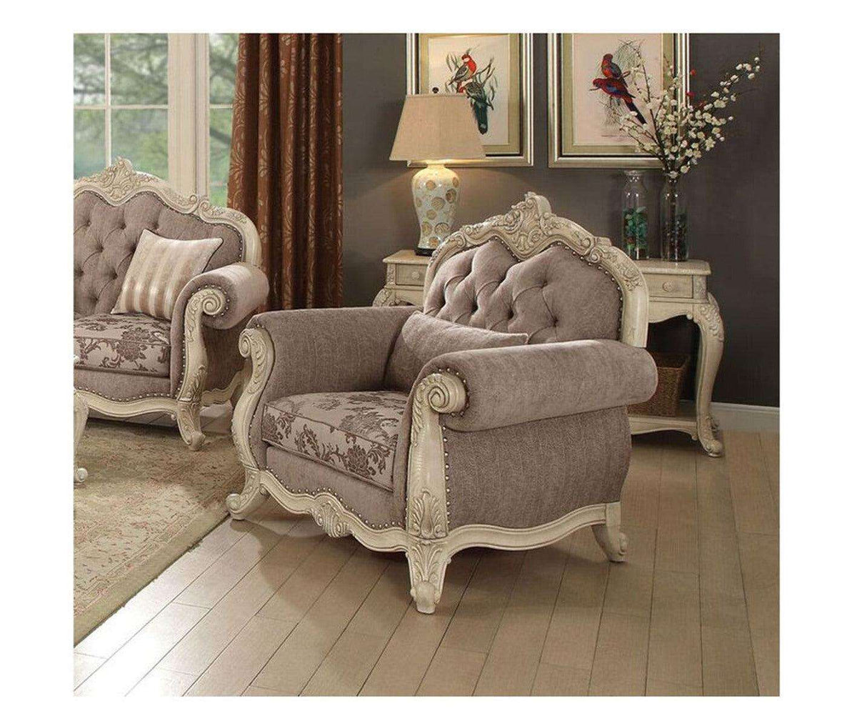 Acme Ragenardus Chair with 1 Pillow in Gray Fabric & Antique White 56022 Half Price Furniture