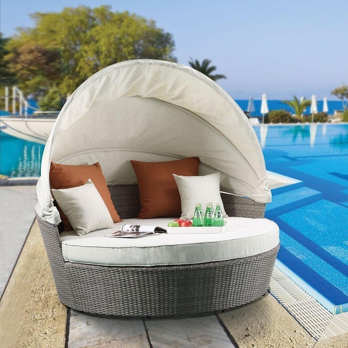 Acme Salena Patio Canopy Sofa with Ottoman in Beige Fabric & Gray Wicker 45025  Half Price Furniture