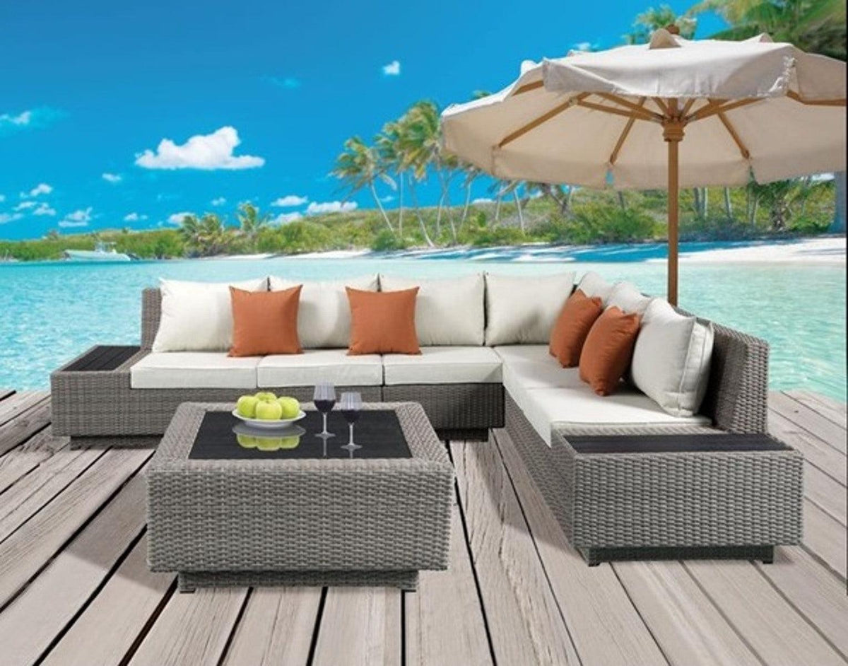 Acme Salena Patio Sectional with Cocktail Table in Beige Fabric & Gray Wicker 45020  Half Price Furniture