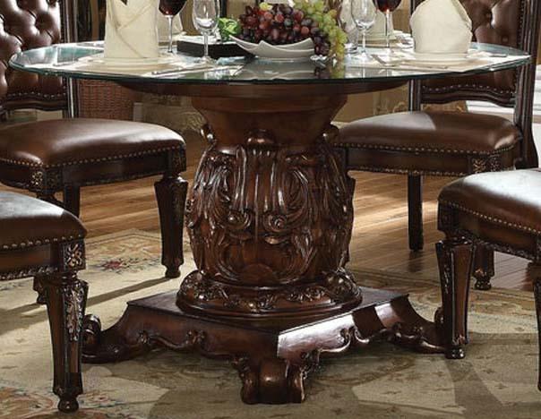 Acme Vendome Single Pedestal Dining Table with 54" Tempered Glass Top in Cherry 62010 Half Price Furniture