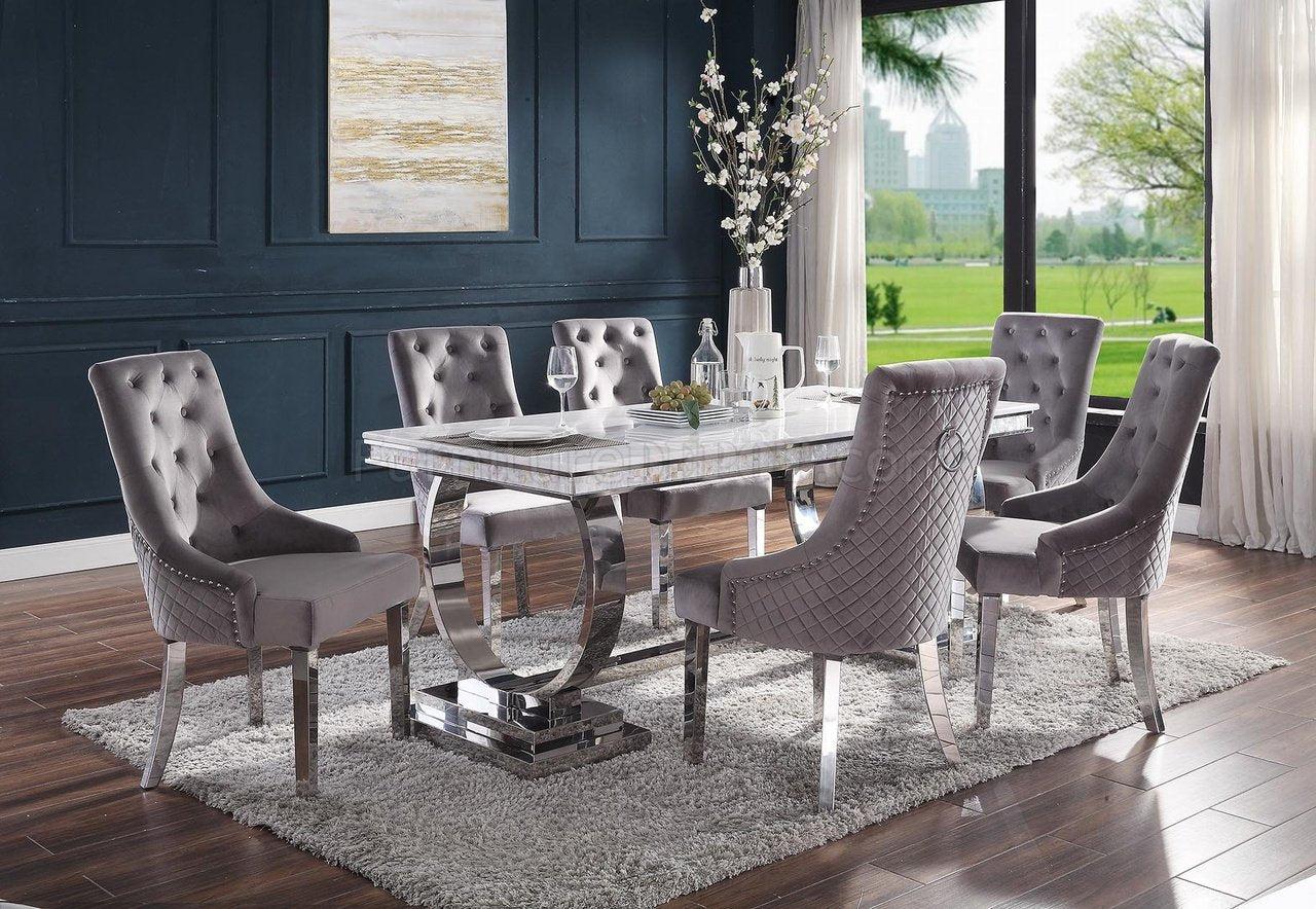 Zander White Printed Faux Marble & Mirrored Silver Finish Dining Room Set  Half Price Furniture