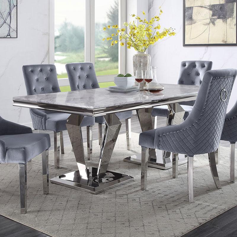 Satinka Light Gray Printed Faux Marble & Mirrored Silver Finish Dining Room Set  Half Price Furniture