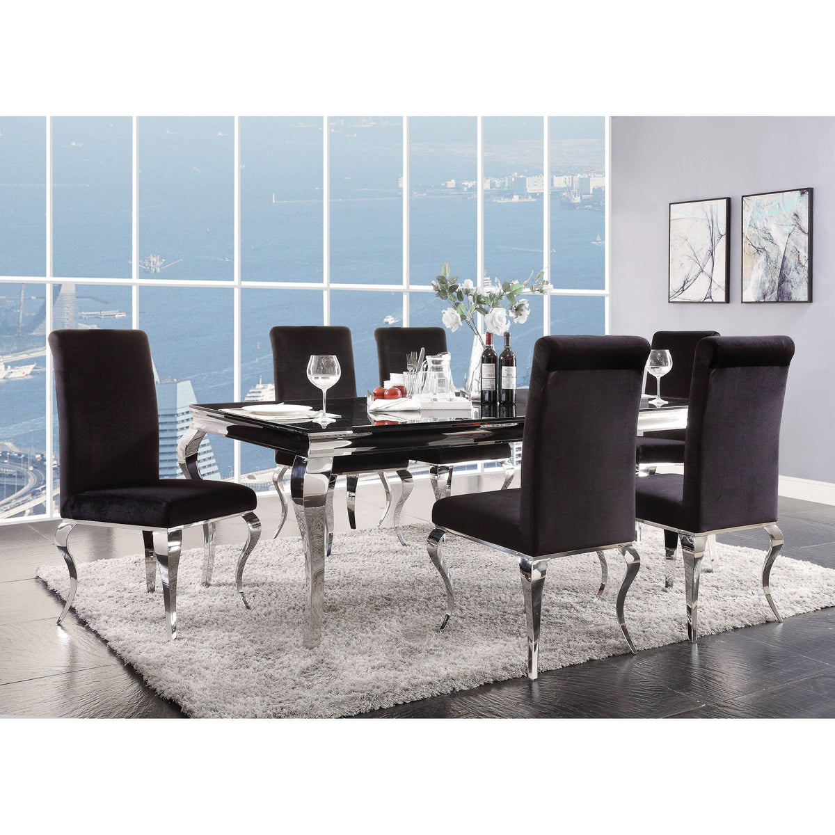 Fabiola Stainless Steel & Black Glass Dining Room Set  Half Price Furniture