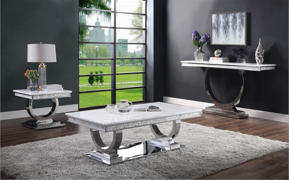 Zander White Printed Faux Marble & Mirrored Silver Finish Table Set  Half Price Furniture