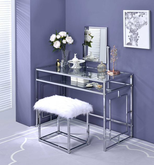 Carenze II White Faux Fur & Chrome Vanity Set  Half Price Furniture