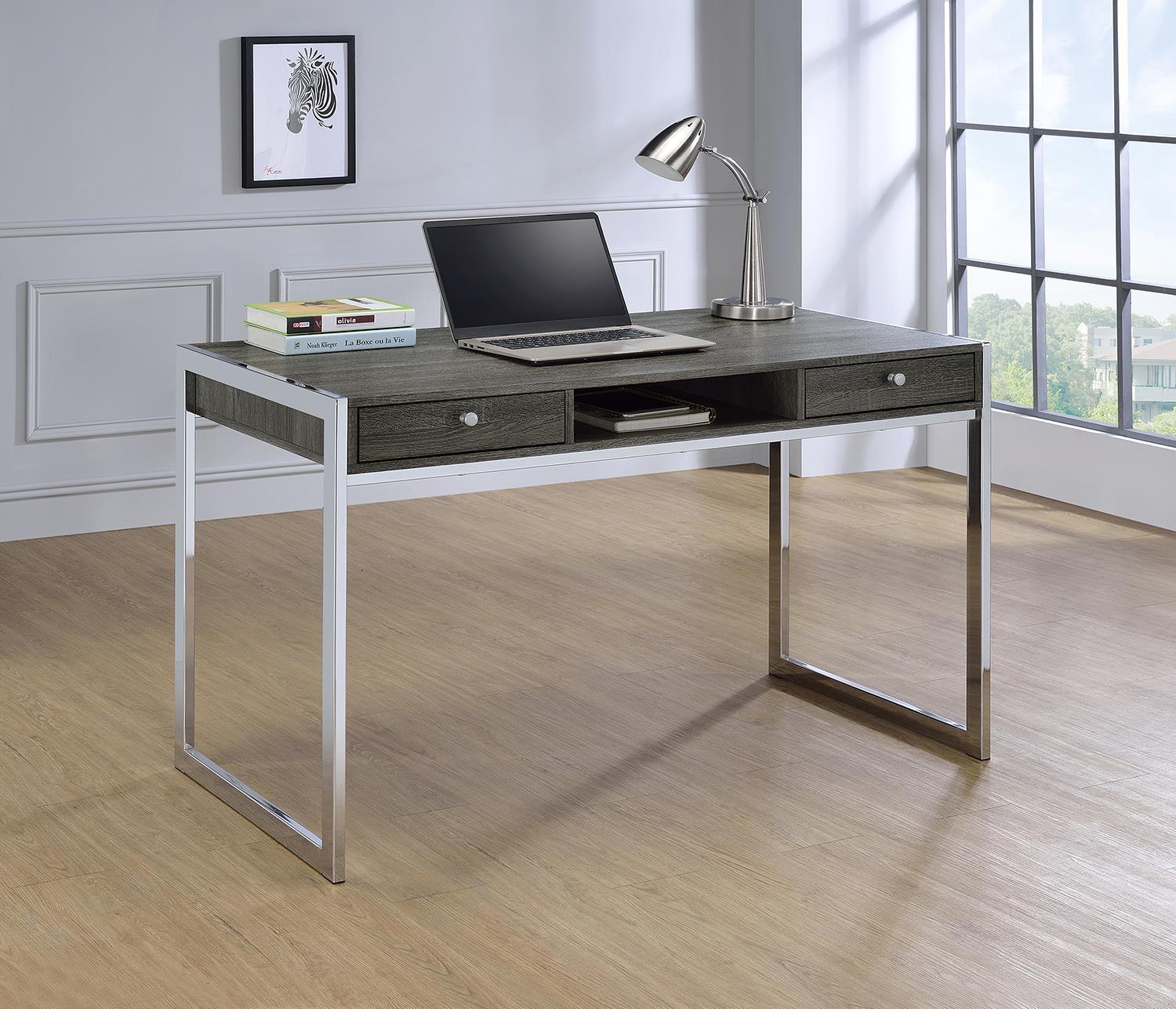 Wallice 2-drawer Writing Desk Weathered Grey and Chrome - Desk - Half Price Furniture