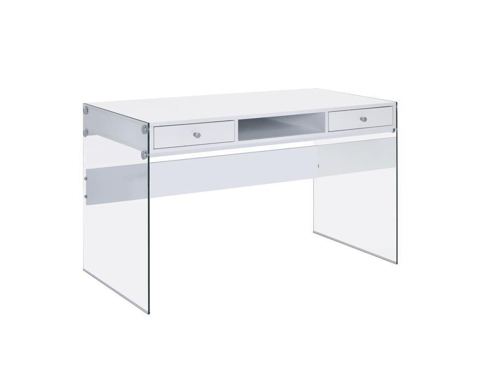 Dobrev 2-drawer Writing Desk Glossy White and Clear - Half Price Furniture