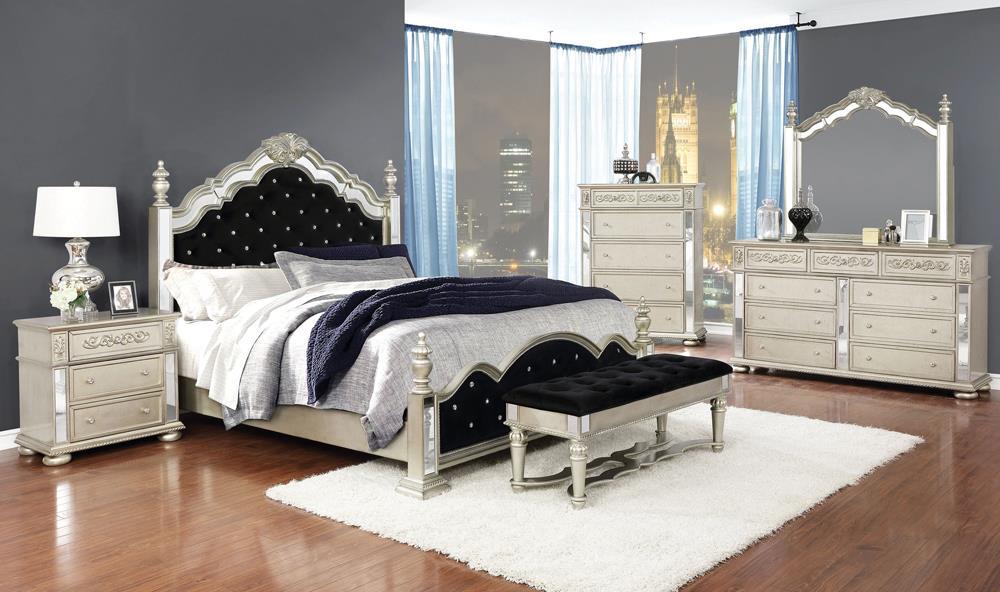 Heidi Eastern King Upholstered Poster Bed Metallic Platinum - Half Price Furniture