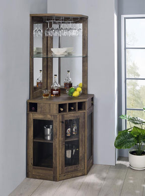 Alviso Corner Bar Cabinet with Stemware Rack Rustic Oak - Half Price Furniture