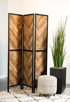 Marlene Herringbone Pattern 3-panel Screen Rustic Tobacco and Black - Half Price Furniture