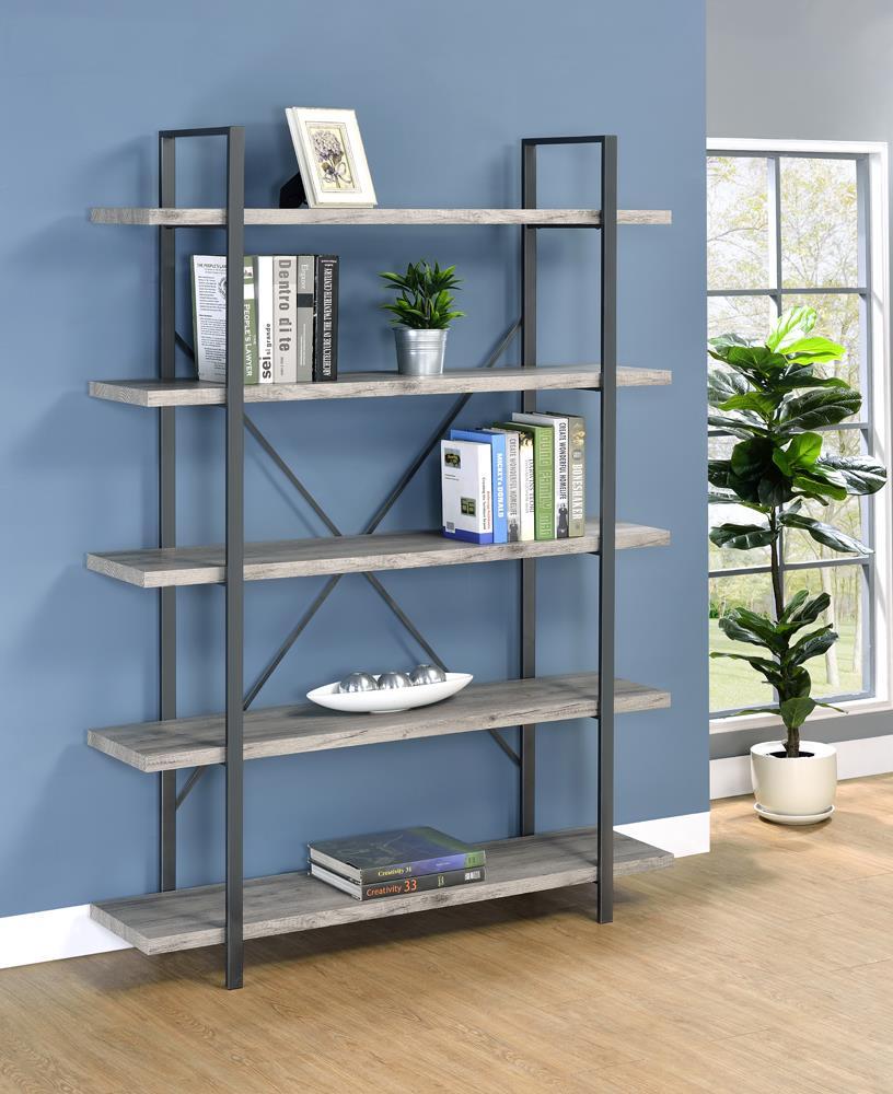 Cole 5-Shelf Bookcase Grey Driftwood and Gunmetal - Half Price Furniture