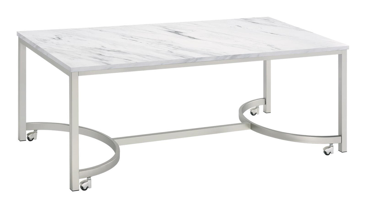 Leona Coffee Table with Casters White and Satin Nickel - Half Price Furniture