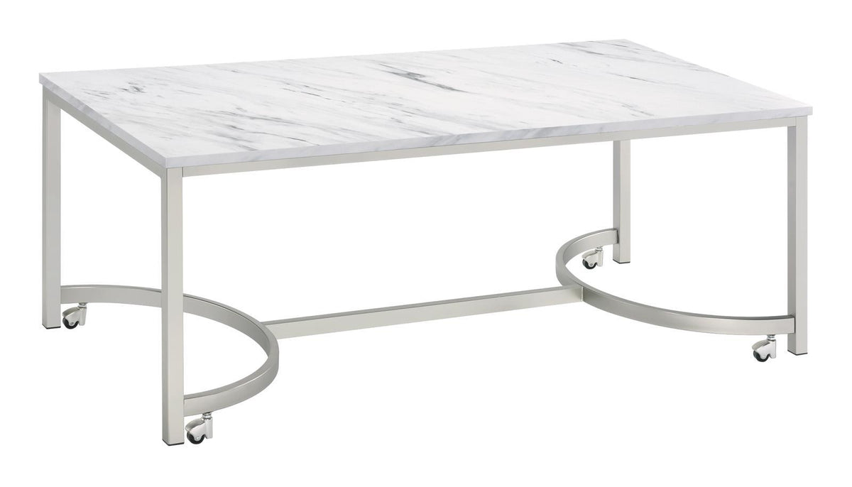 Leona Coffee Table with Casters White and Satin Nickel - Coffee Table - Half Price Furniture