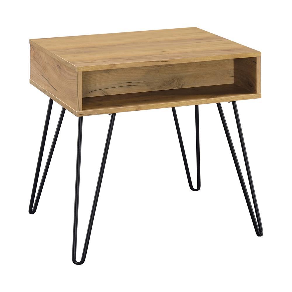 Fanning Square End Table with Open Compartment Golden Oak and Black - Half Price Furniture