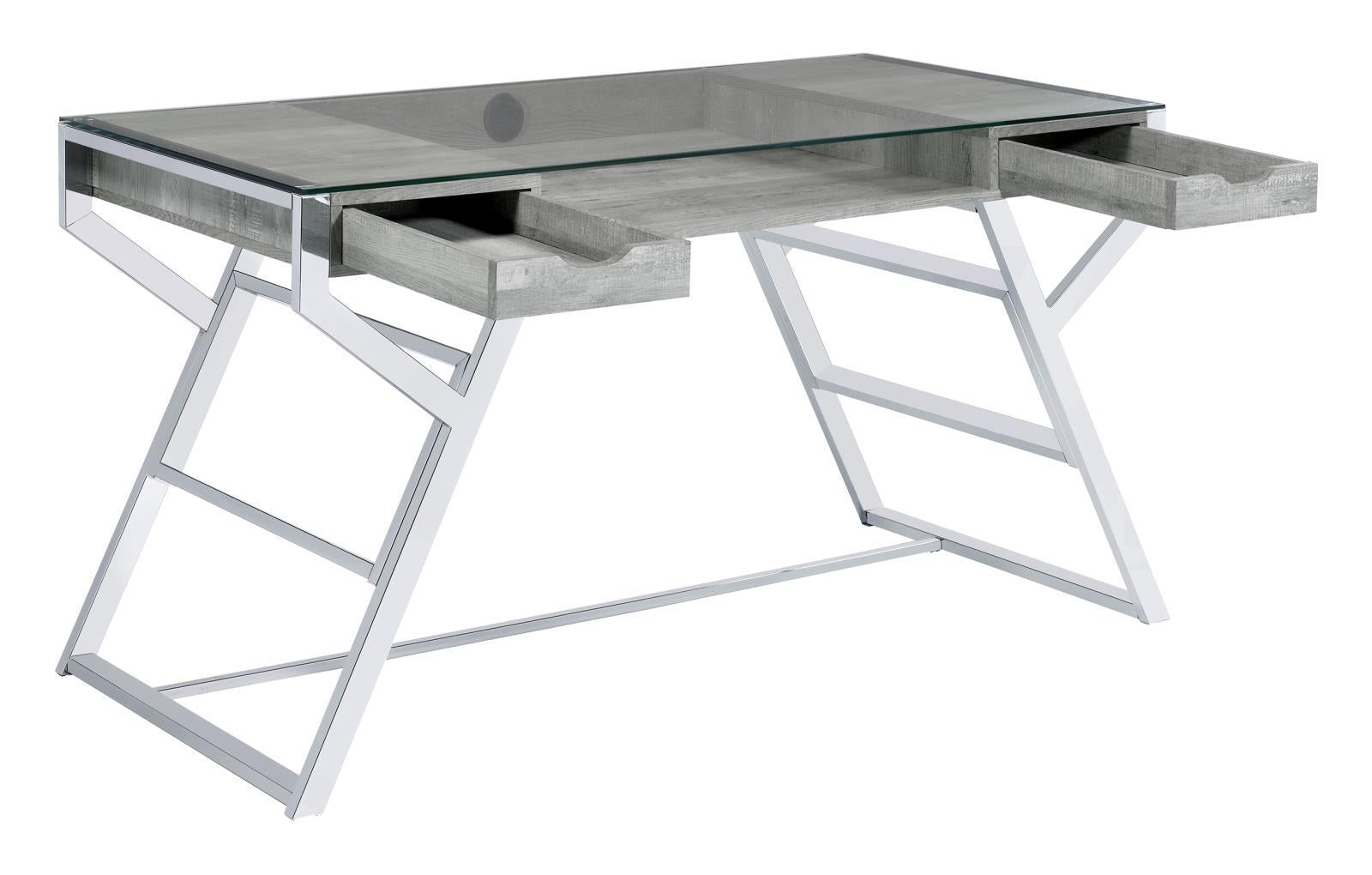 Emelle 2-drawer Glass Top Writing Desk Grey Driftwood and Chrome - Half Price Furniture