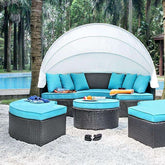 ARIA Light Brown Wicker/White Awning/Turquoise Cushion Patio Canopy Daybed Half Price Furniture