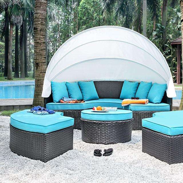 ARIA Light Brown Wicker/White Awning/Turquoise Cushion Patio Canopy Daybed Half Price Furniture