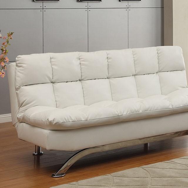 Aristo White/Chrome Futon Sofa, White Half Price Furniture