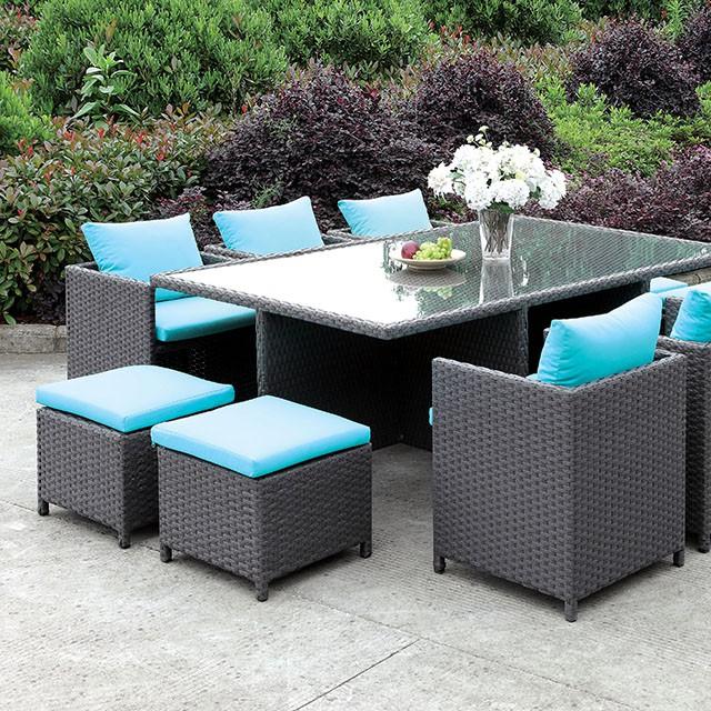 Ashanti Light Brown Wicker/Turquoise Cushion 11 Pc. Patio Dining Table Set Half Price Furniture