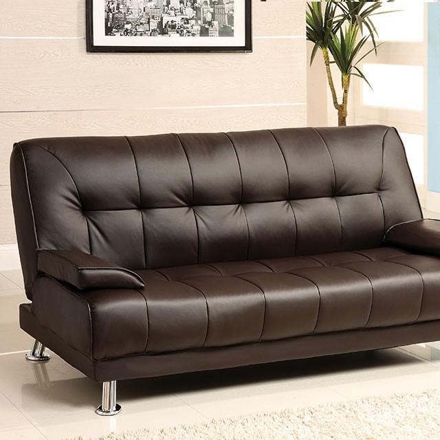 Beaumont Dark Brown/Chrome Leatherette Futon Sofa Half Price Furniture