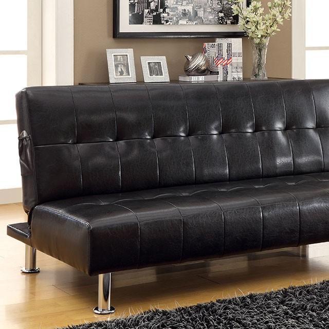 Bulle Black/Chrome Leatherette Futon Sofa, Black Half Price Furniture