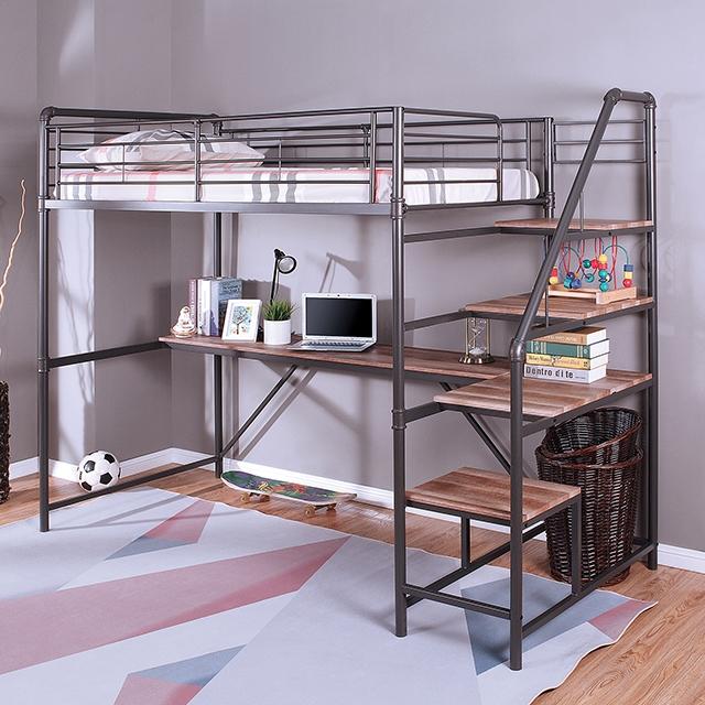 ROWLEY Twin/Workstation Bunk Bed, Sand Black/Natural Half Price Furniture