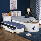 Voyager White/Oak/Navy Blue Twin Bed w/ Trundle + Drawers Half Price Furniture