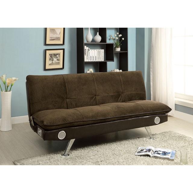 GALLAGHER Dark Brown/Chrome Futon Sofa w/ Bluetooth Speaker, Brown Half Price Furniture